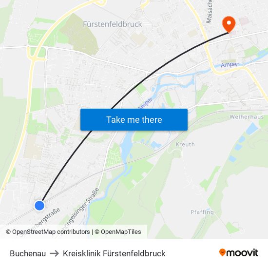 Buchenau to Kreisklinik Fürstenfeldbruck map