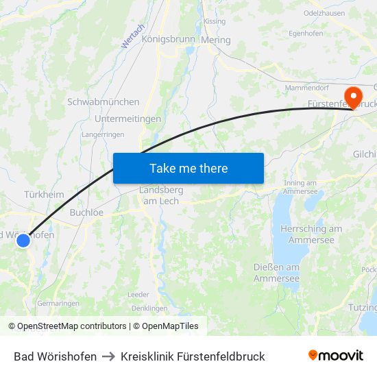 Bad Wörishofen to Kreisklinik Fürstenfeldbruck map