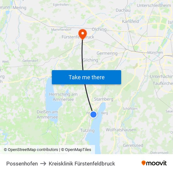 Possenhofen to Kreisklinik Fürstenfeldbruck map