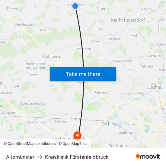Altomünster to Kreisklinik Fürstenfeldbruck map