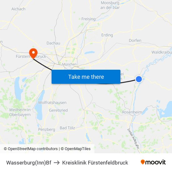 Wasserburg(Inn)Bf to Kreisklinik Fürstenfeldbruck map