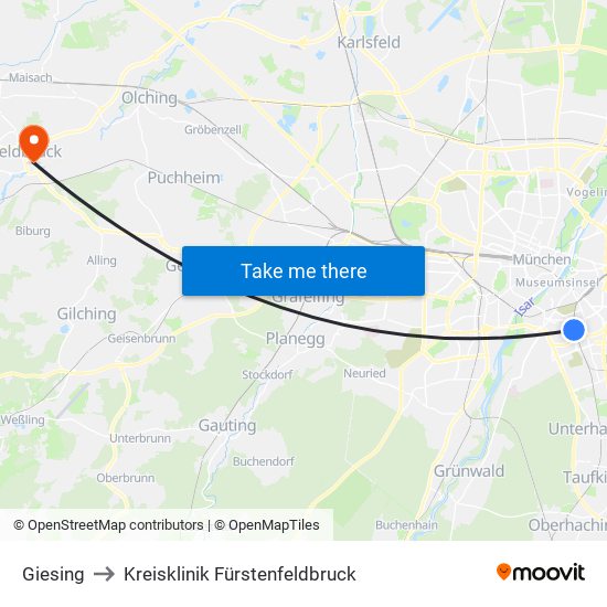 Giesing to Kreisklinik Fürstenfeldbruck map