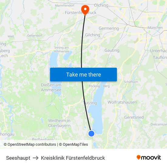Seeshaupt to Kreisklinik Fürstenfeldbruck map