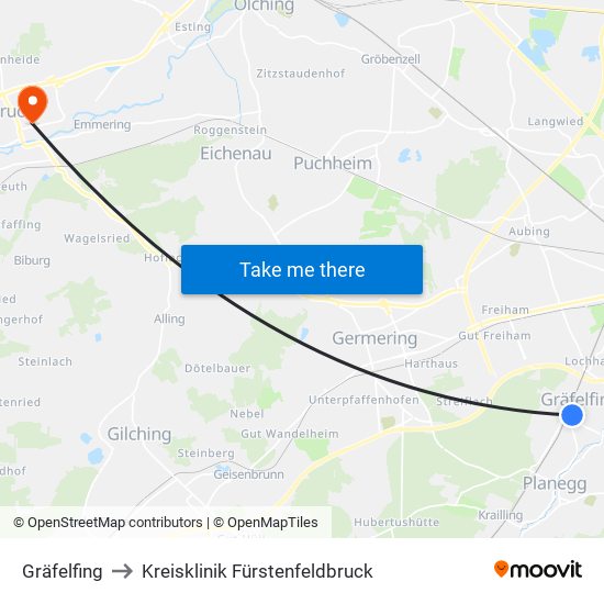 Gräfelfing to Kreisklinik Fürstenfeldbruck map