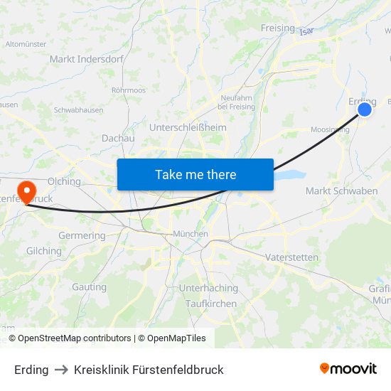 Erding to Kreisklinik Fürstenfeldbruck map