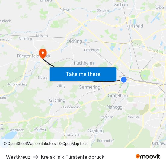 Westkreuz to Kreisklinik Fürstenfeldbruck map