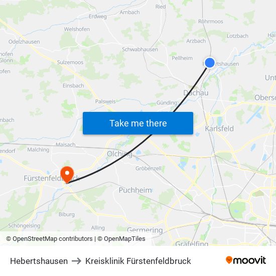 Hebertshausen to Kreisklinik Fürstenfeldbruck map