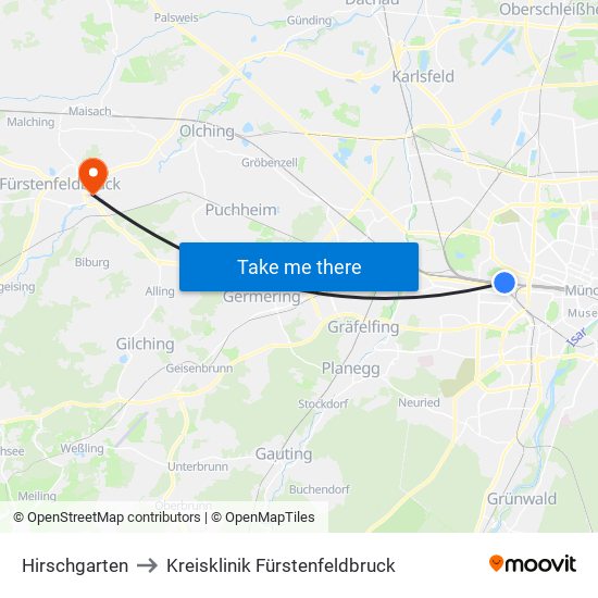 Hirschgarten to Kreisklinik Fürstenfeldbruck map