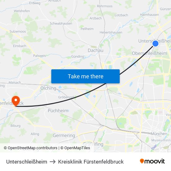 Unterschleißheim to Kreisklinik Fürstenfeldbruck map