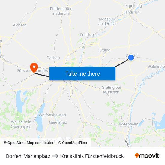 Dorfen, Marienplatz to Kreisklinik Fürstenfeldbruck map