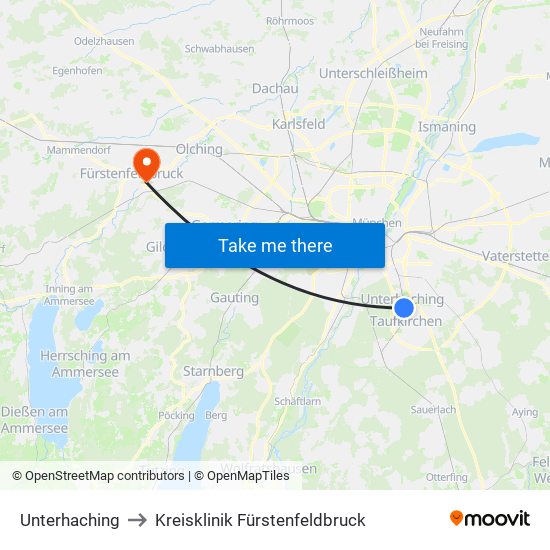 Unterhaching to Kreisklinik Fürstenfeldbruck map