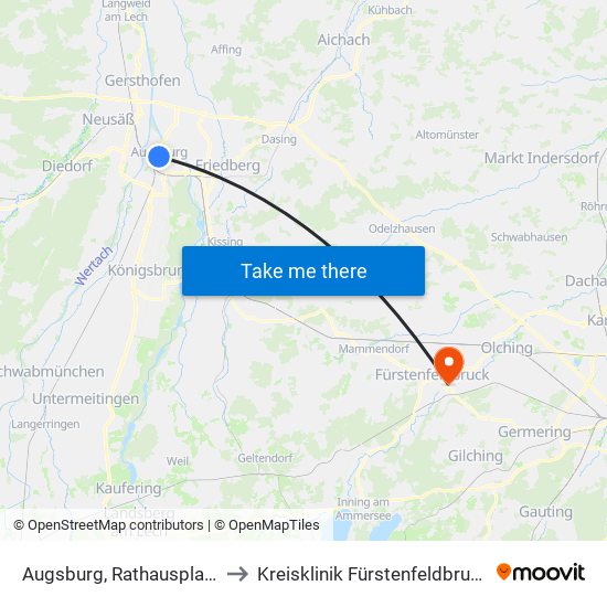 Augsburg, Rathausplatz to Kreisklinik Fürstenfeldbruck map