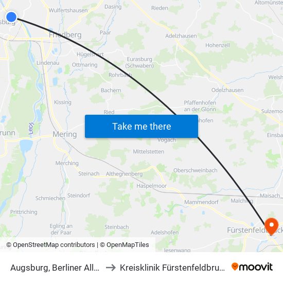 Augsburg, Berliner Allee to Kreisklinik Fürstenfeldbruck map