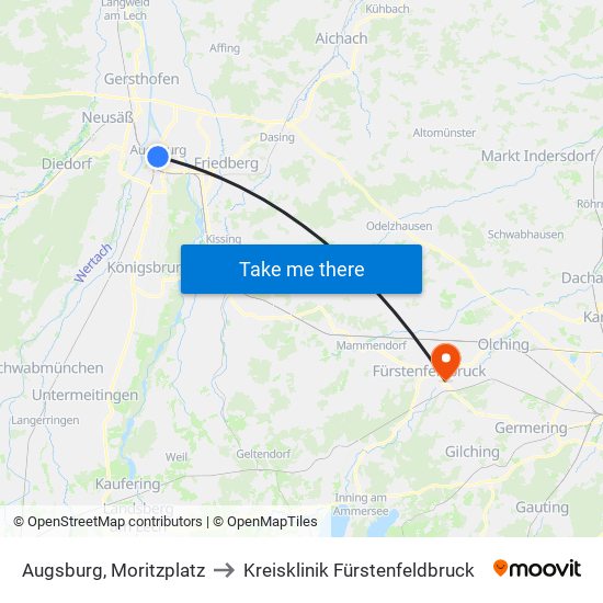 Augsburg, Moritzplatz to Kreisklinik Fürstenfeldbruck map
