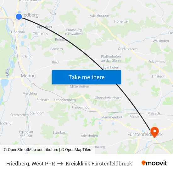 Friedberg, West P+R to Kreisklinik Fürstenfeldbruck map