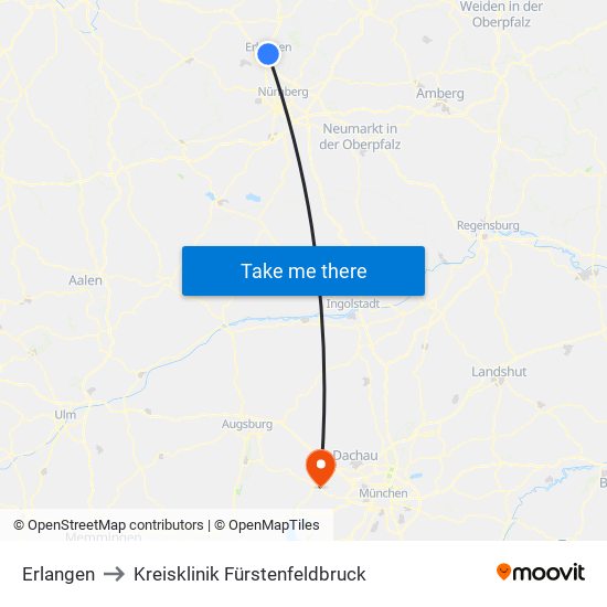 Erlangen to Kreisklinik Fürstenfeldbruck map