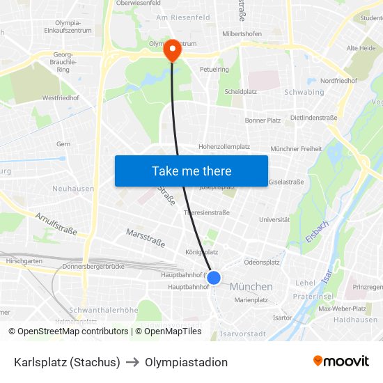 Karlsplatz (Stachus) to Olympiastadion map