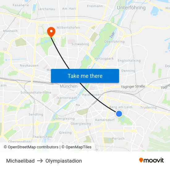 Michaelibad to Olympiastadion map