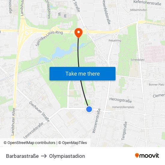 Barbarastraße to Olympiastadion map
