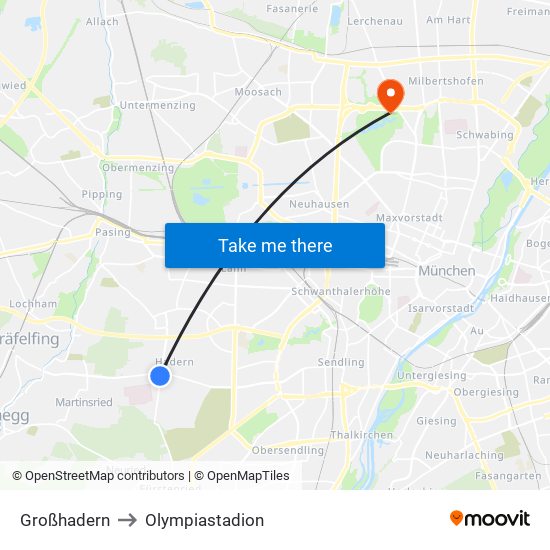 Großhadern to Olympiastadion map