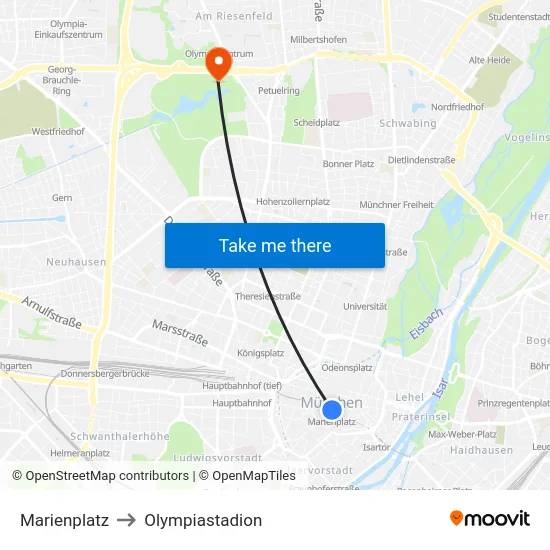 Marienplatz to Olympiastadion map