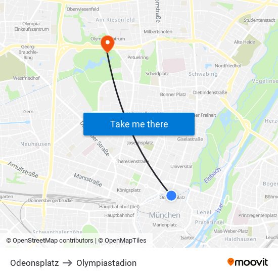 Odeonsplatz to Olympiastadion map