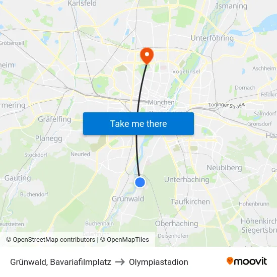 Grünwald, Bavariafilmplatz to Olympiastadion map