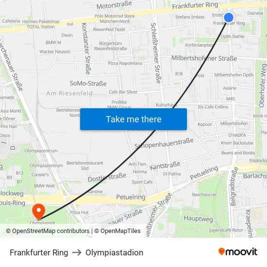 Frankfurter Ring to Olympiastadion map