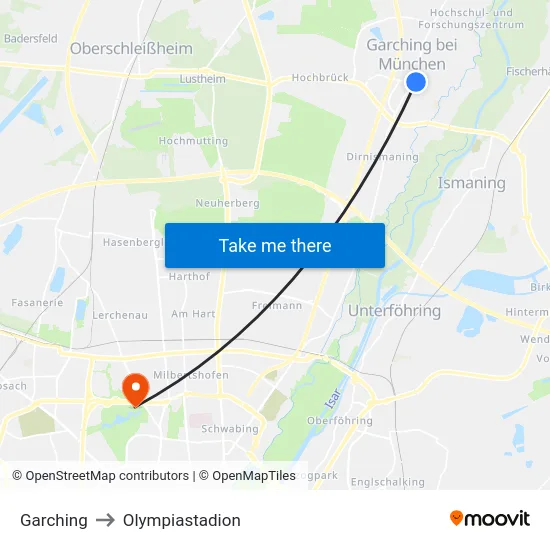 Garching to Olympiastadion map