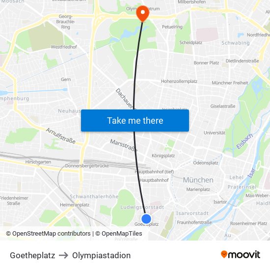 Goetheplatz to Olympiastadion map