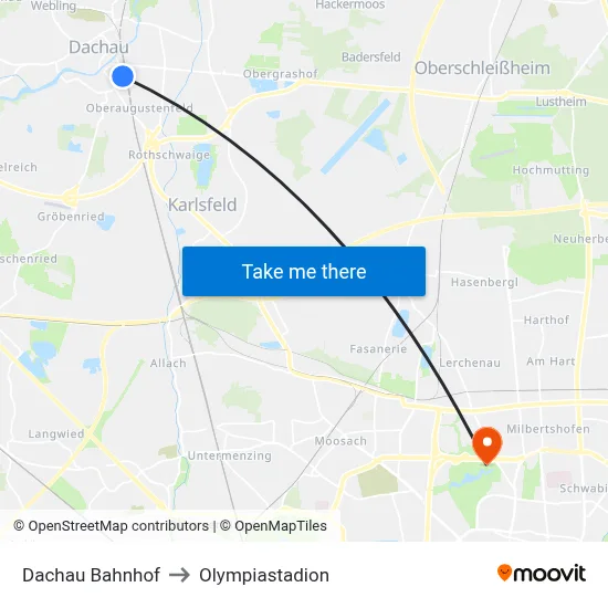 Dachau Bahnhof to Olympiastadion map