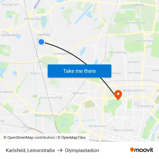 Karlsfeld, Leinorstraße to Olympiastadion map
