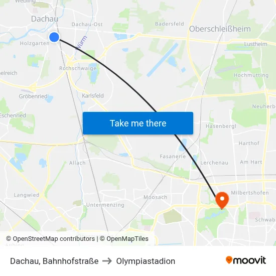 Dachau, Bahnhofstraße to Olympiastadion map
