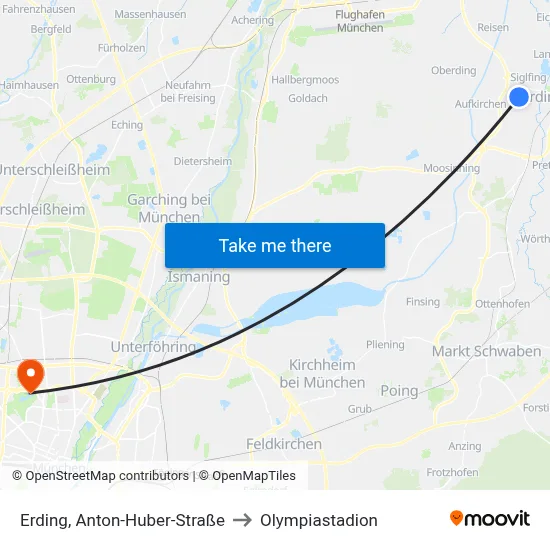 Erding, Anton-Huber-Straße to Olympiastadion map