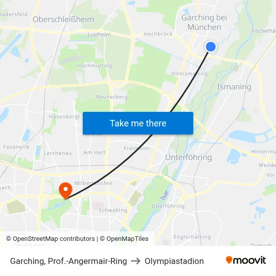 Garching, Prof.-Angermair-Ring to Olympiastadion map