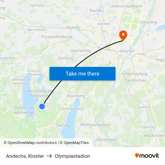 Andechs, Kloster to Olympiastadion map