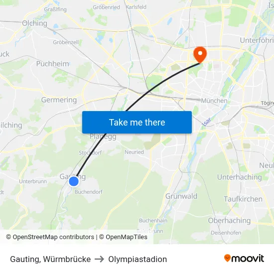 Gauting, Würmbrücke to Olympiastadion map