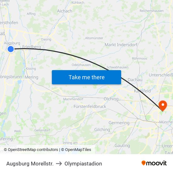 Augsburg Morellstr. to Olympiastadion map