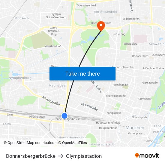 Donnersbergerbrücke to Olympiastadion map