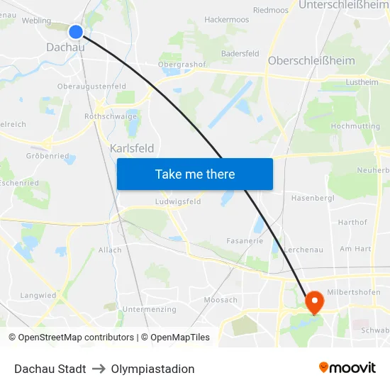 Dachau Stadt to Olympiastadion map