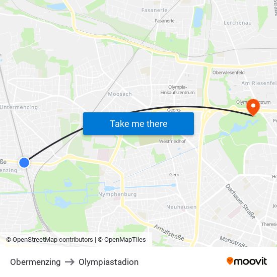 Obermenzing to Olympiastadion map