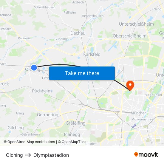 Olching to Olympiastadion map