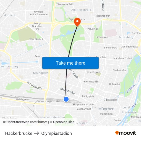 Hackerbrücke to Olympiastadion map