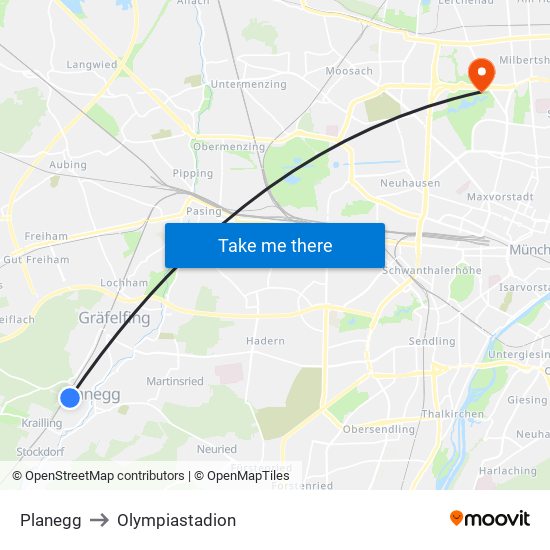 Planegg to Olympiastadion map