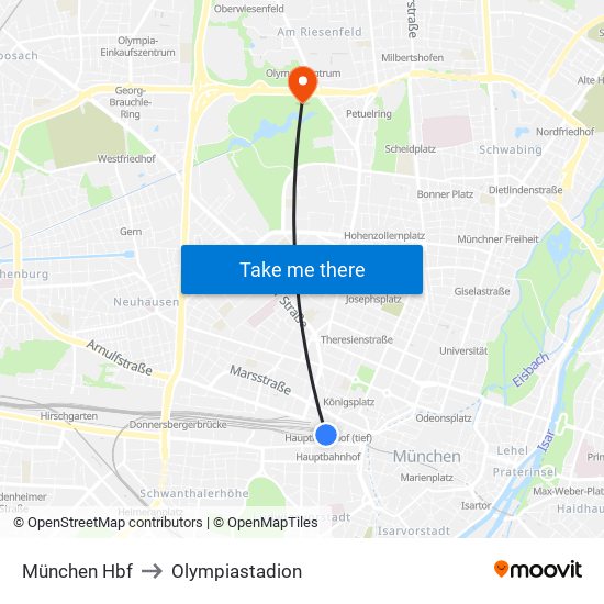 München Hbf to Olympiastadion map