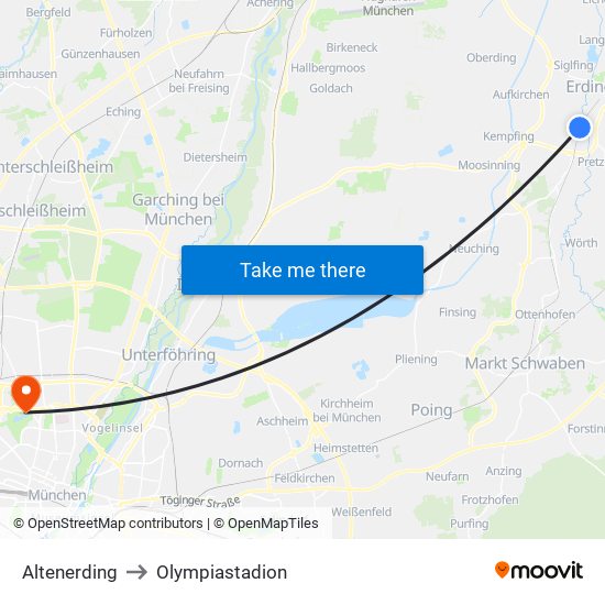 Altenerding to Olympiastadion map