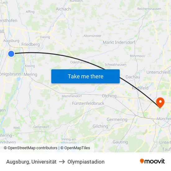 Augsburg, Universität to Olympiastadion map