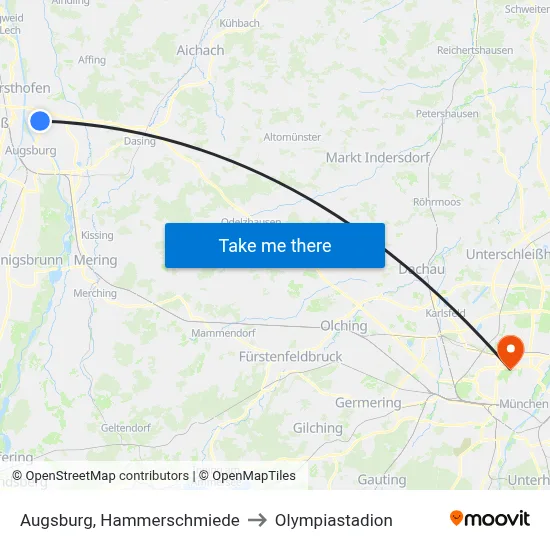 Augsburg, Hammerschmiede to Olympiastadion map