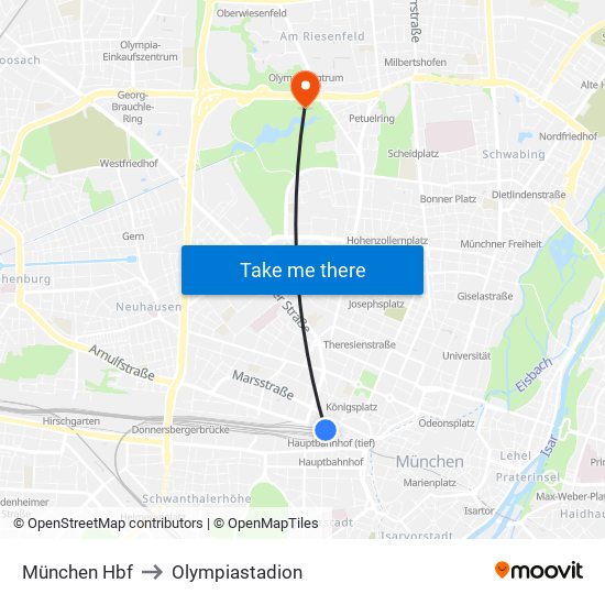 München Hbf to Olympiastadion map