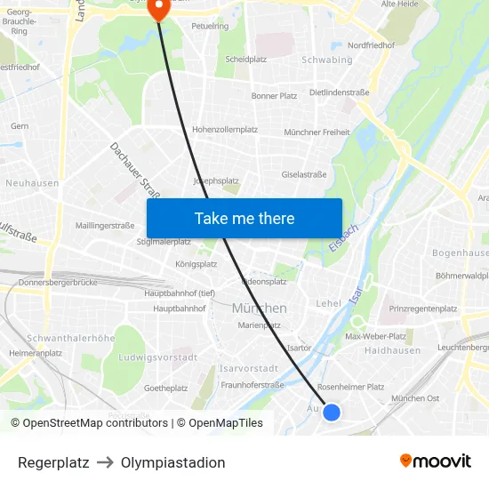 Regerplatz to Olympiastadion map